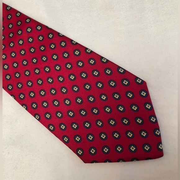 Delvechio Imported Fabric Red Blue Yellow Geometric Print Silk Neck Tie - Picture 3 of 16